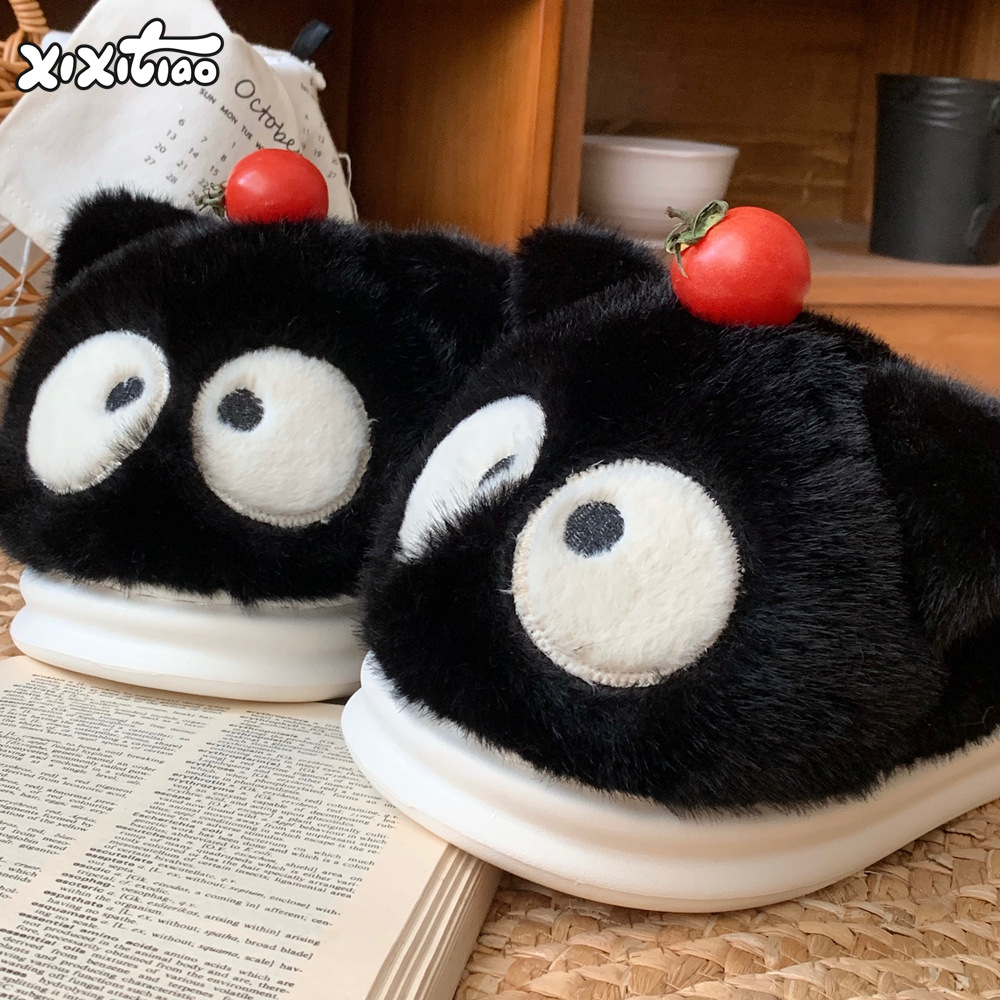 Big eyes small black cat Winter toe pack Warm cotton slippers Soft sole slip women indoor floor flat house non-slip shoes