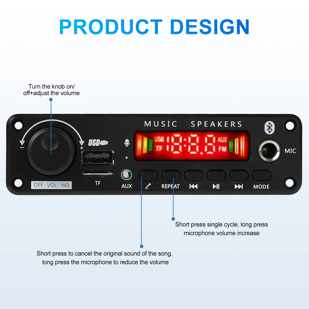 150W DIY Amplifier Bluetooth Decoder Board 12V 6.5mm Microphone FM Radio TF USB Car Audio Music Player Speakers Volume Control