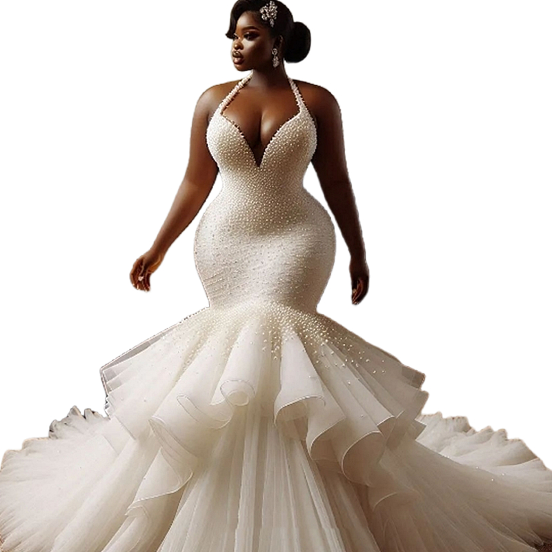 Urious Beaded Mermaid Wedding Dresses Halter Neck Backless Lace-Up Plus Size Bridal Gowns Ruffle Long Train African Formal Dress 2025 0218