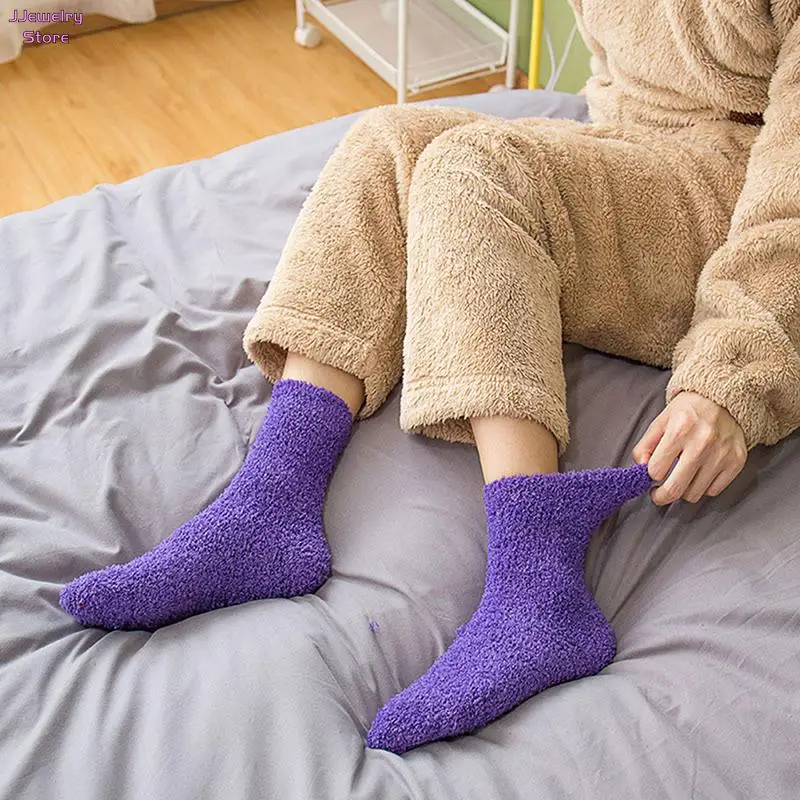 Candy Color Warm Plush Socks Female Coral Fleece Floor Sleep Women s Girls Tube 5