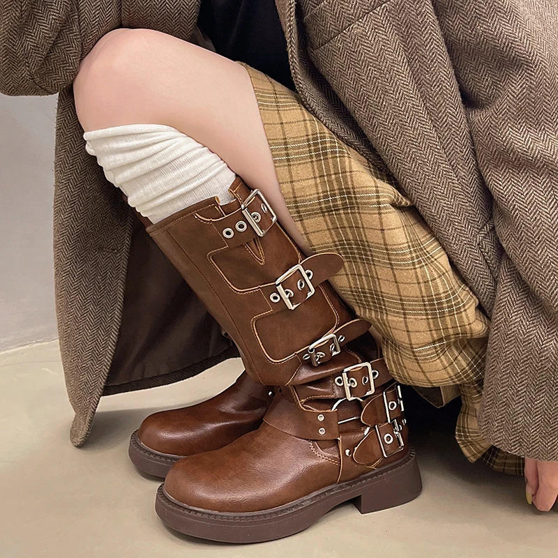 Autumn And Winter 2024 Vintage Thin Western Cowboy Boot Medium Heel Leather Cavalry Boots