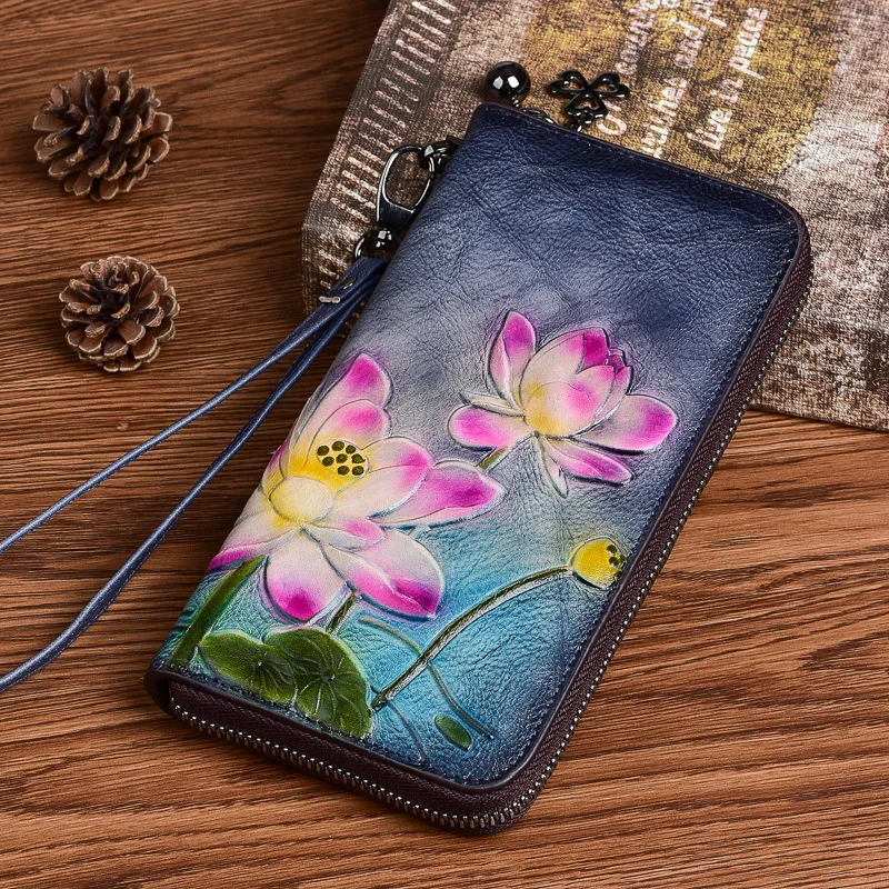 MOTAORA Vintage Long Wallets For Women Genuine Leather Phone Bags Lotus Floral Pattern Embossing Hand-painted Wallet Woman Purse