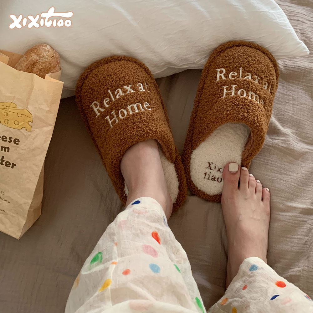 Simple creative letters Flat cotton slippers for Women Girls Ladies Fall/Winter Warm fur slide Furry plush mule Luxury women's shoes Flat slipper