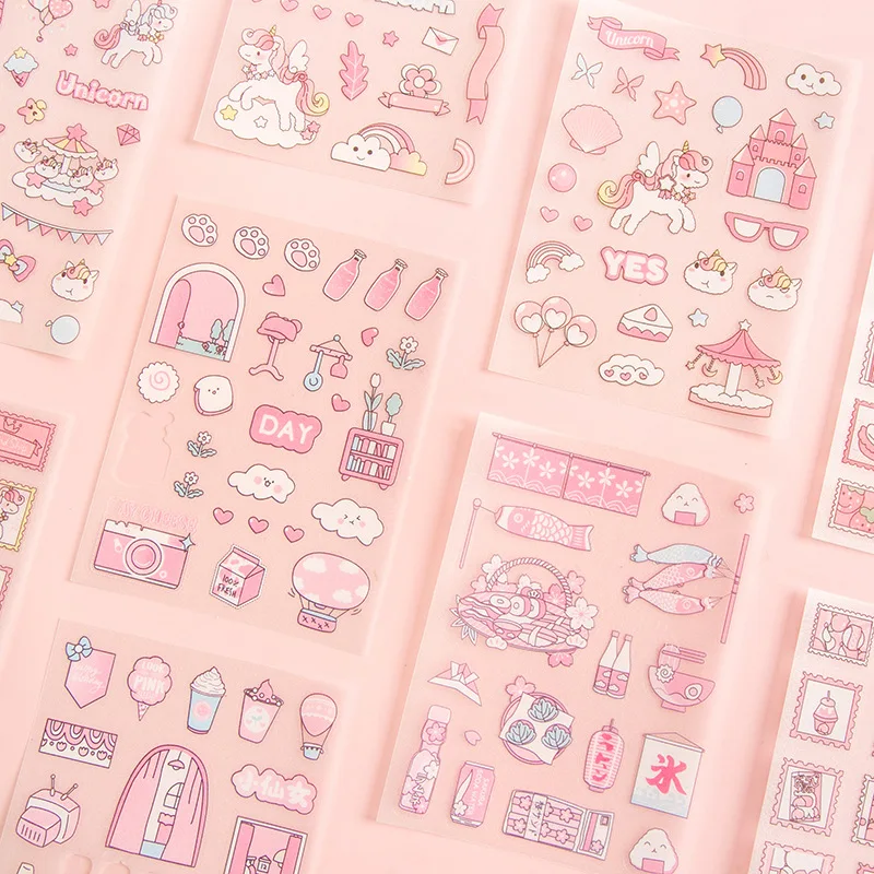 Kawai 4Pcs Pink PET Decorative Stickers Pack Scrapbooking Stationery School Supplies Korean Stickers