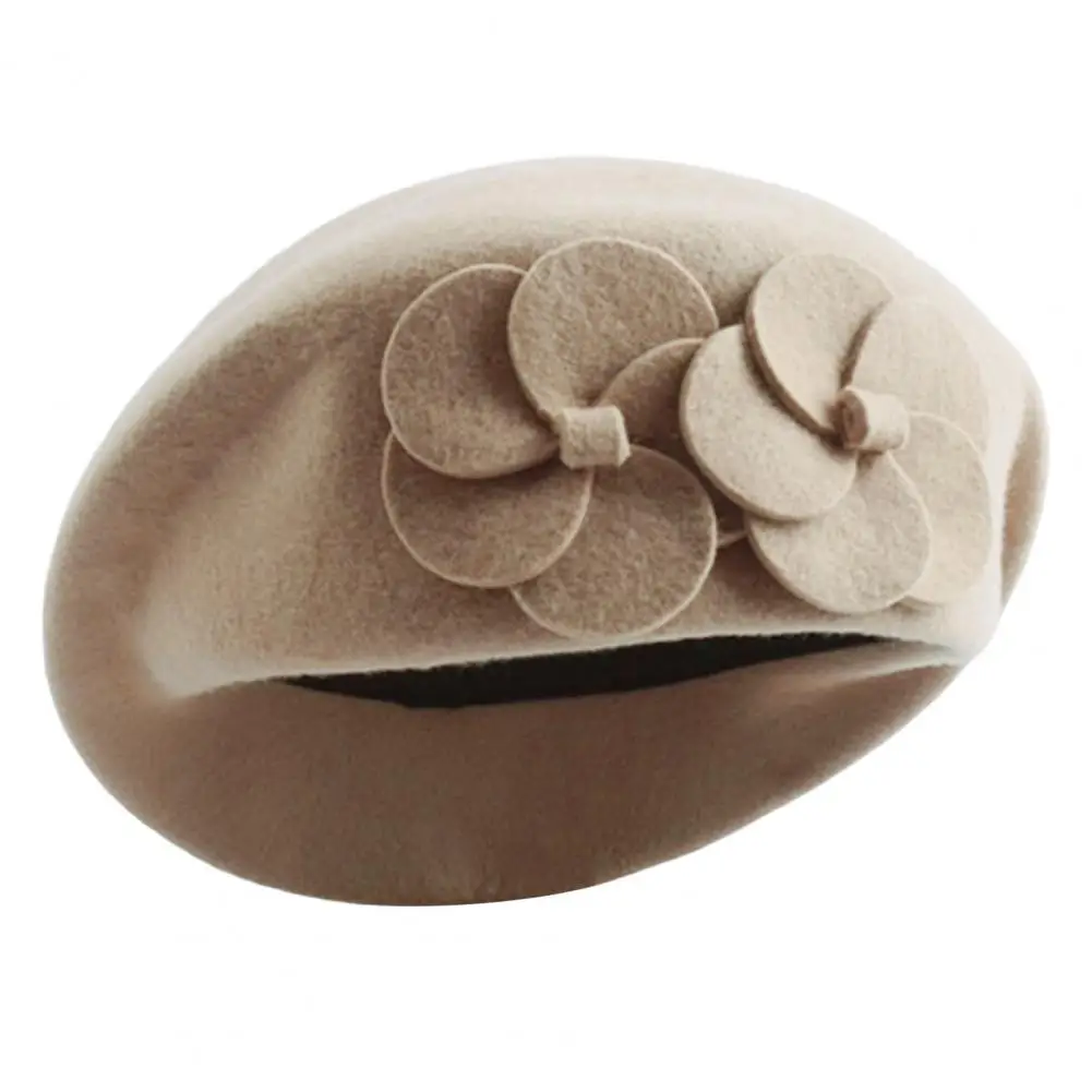 Good-looking Women Hat Felt Beret Hat Dual Flowers Decor Cold Resistant Windproof Winter Female French Beanie Cap