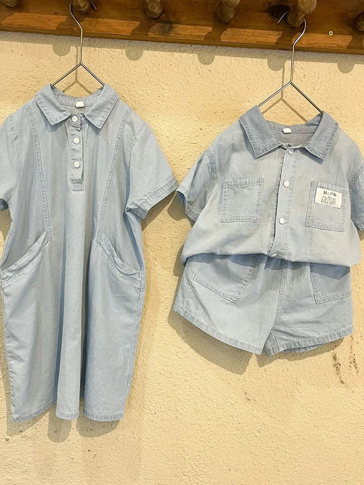 Cute Childrens Denim Suit 2024 Summer Korean Fashion Loose Short Sleeves Tops Shorts 2pcs Toddler Cotton Tees Suit Solid Color 240323