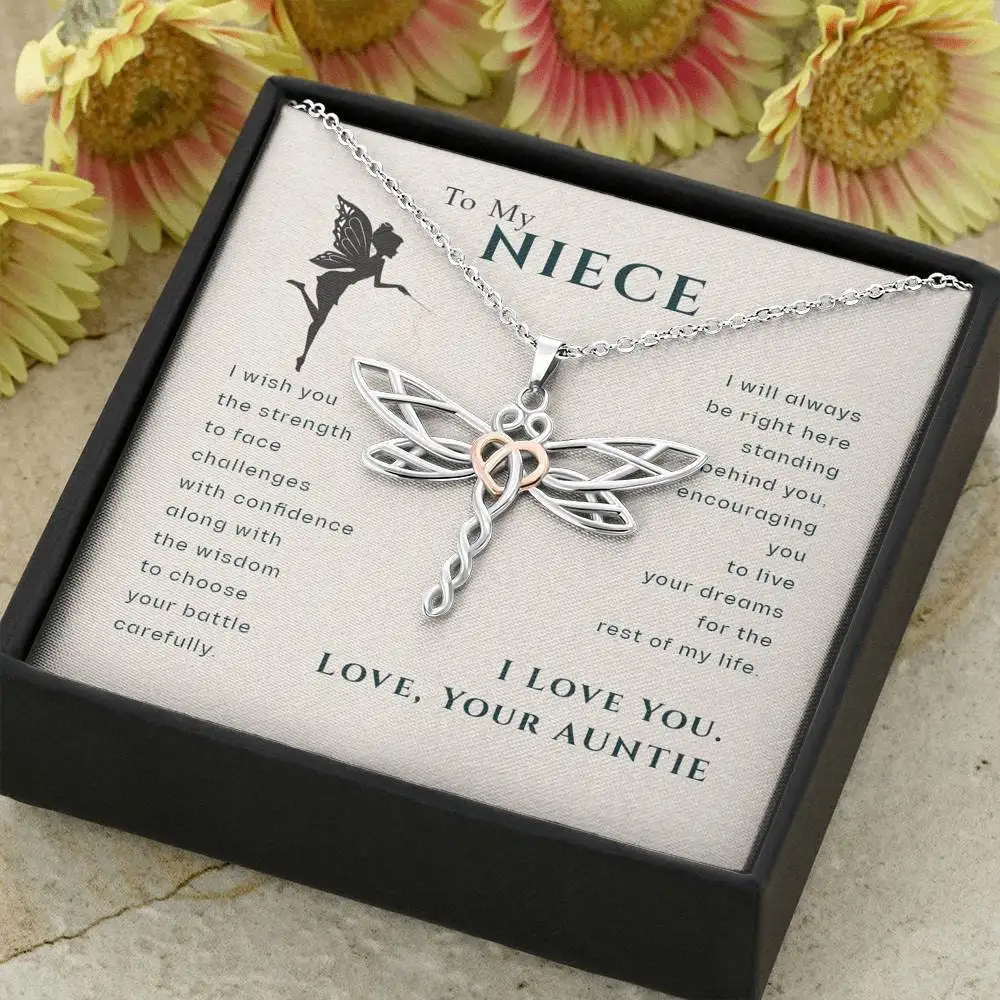 To My Niece, Live Your Dreams Dragonfly Necklace Gift for Niece from Aunt Niece Birthday, Graduation, Christmas Present with Box