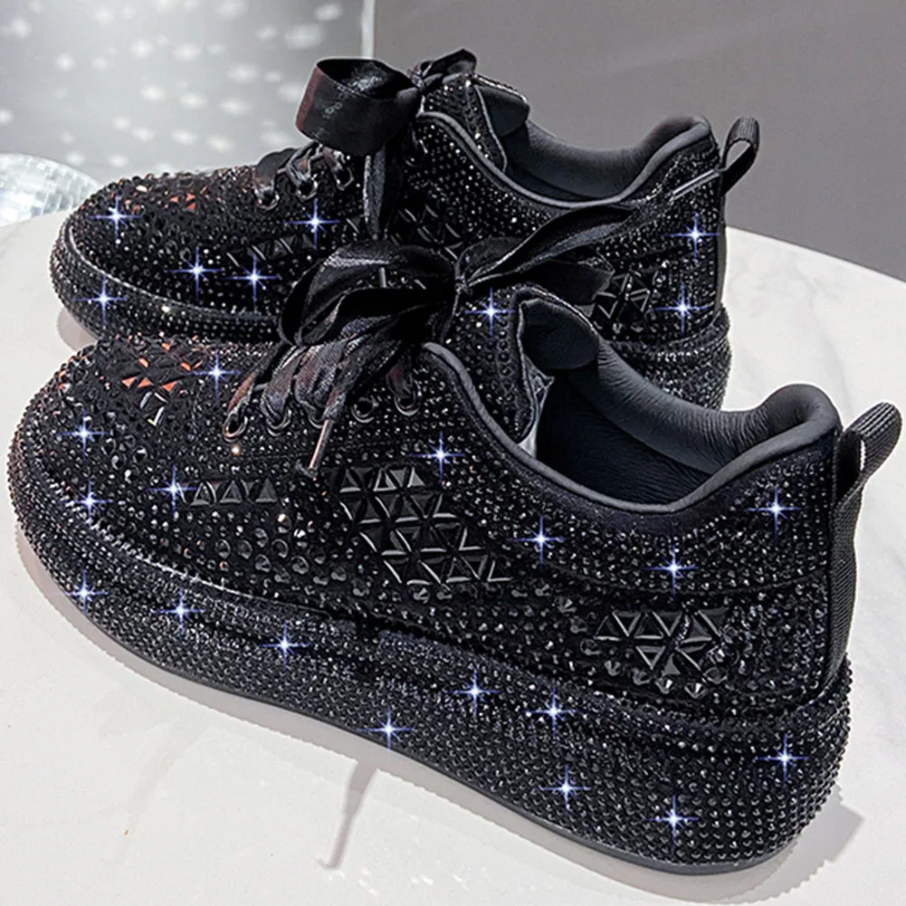 Women's Triangle Diamond Shiny Lace Up Outdoor Casual Sneakers, Breathable And Lightweight