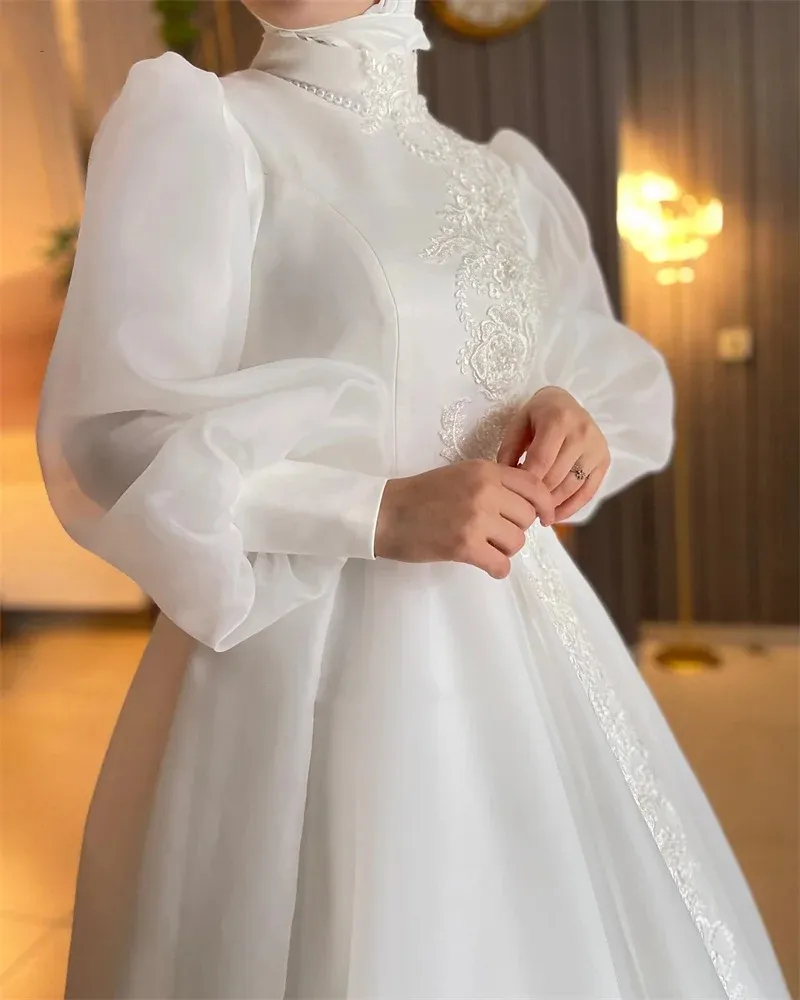 Modest Muslim Wedding Dresses Long Sleeves High Neck Lace Appliques Ivory Organza Bridal Gown Arabic Islamic A Line Court Trian Vestido De Novia Custo
