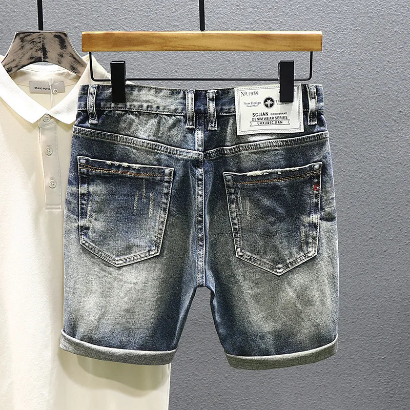 Summer Mens Vintage Straight Denim Shorts Korean Fashion Dilapidated Street Hip-hop Pants Male Youth Short Jeans 240327
