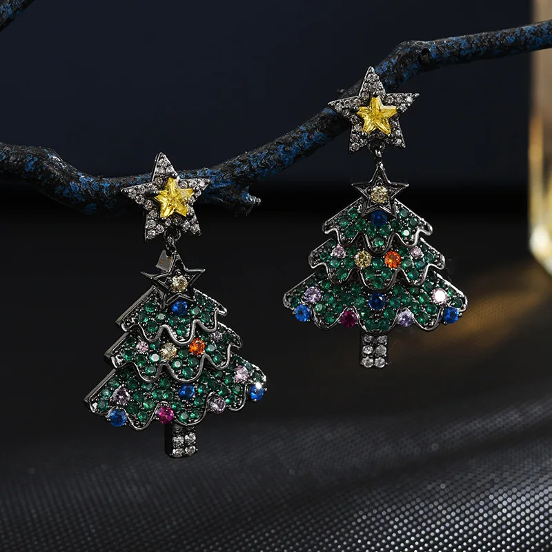 S925 Silver Star Christmas Tree Earrings Holiday Gift 241031