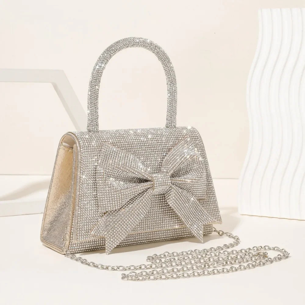 Ladies evening bag diamond bow handbag sparkling bridal bag gold mini wallet wedding party bag 241031