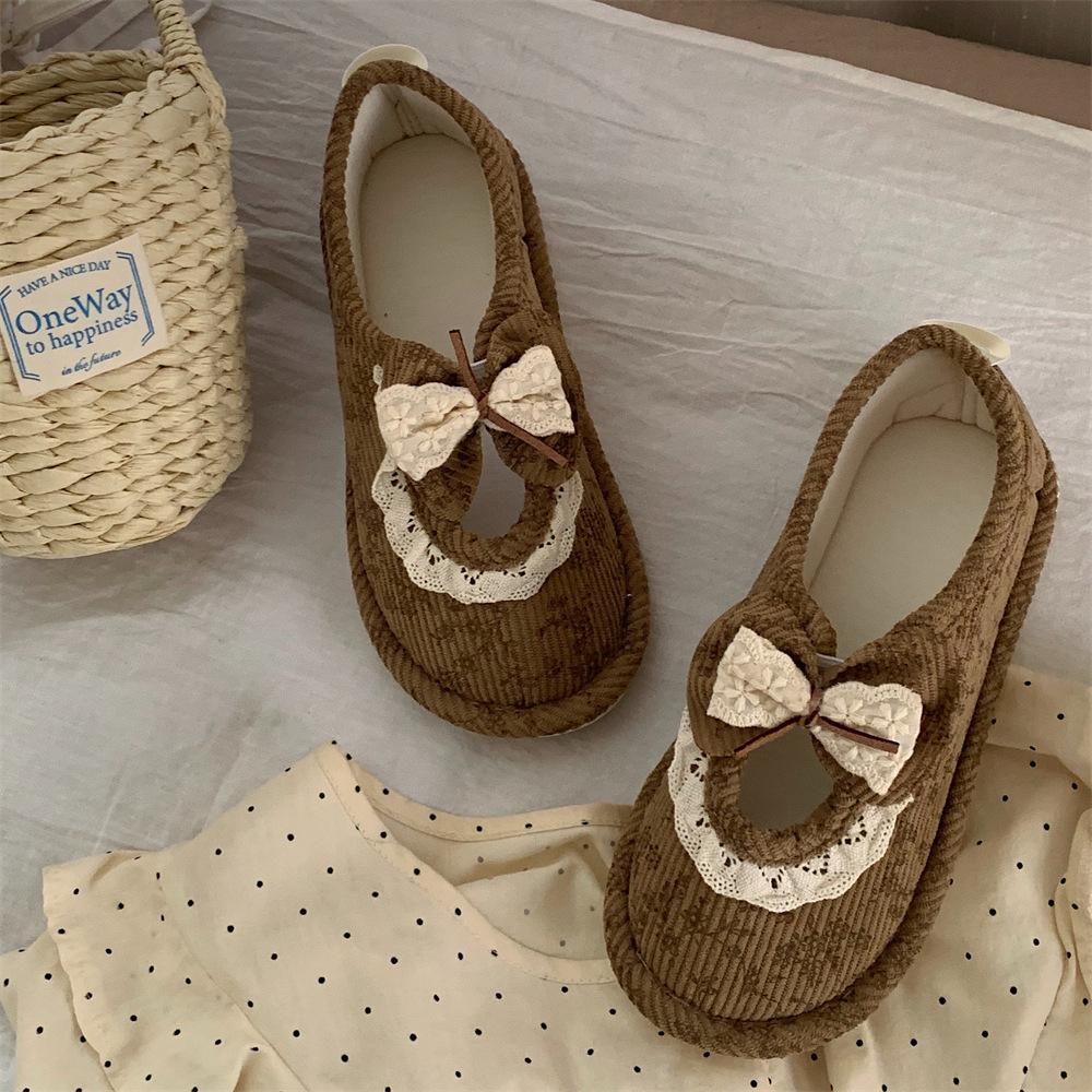 Vintage lace bow Family Slippers Women Girls Cute fluffy winter warm plush indoor flats Bedroom slide casual women's cotton slippers