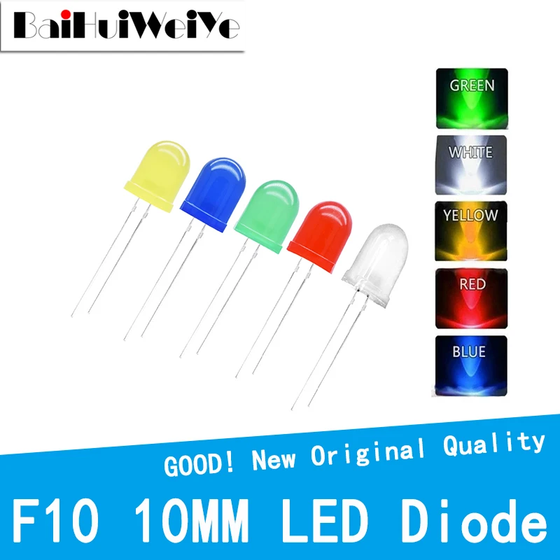 10PCS F10 10MM 5 Colors DIP LED Green Red Yellow Blue White Super Bright Quality Bead Light Emitting Diode Plug-in Bulb Assorted