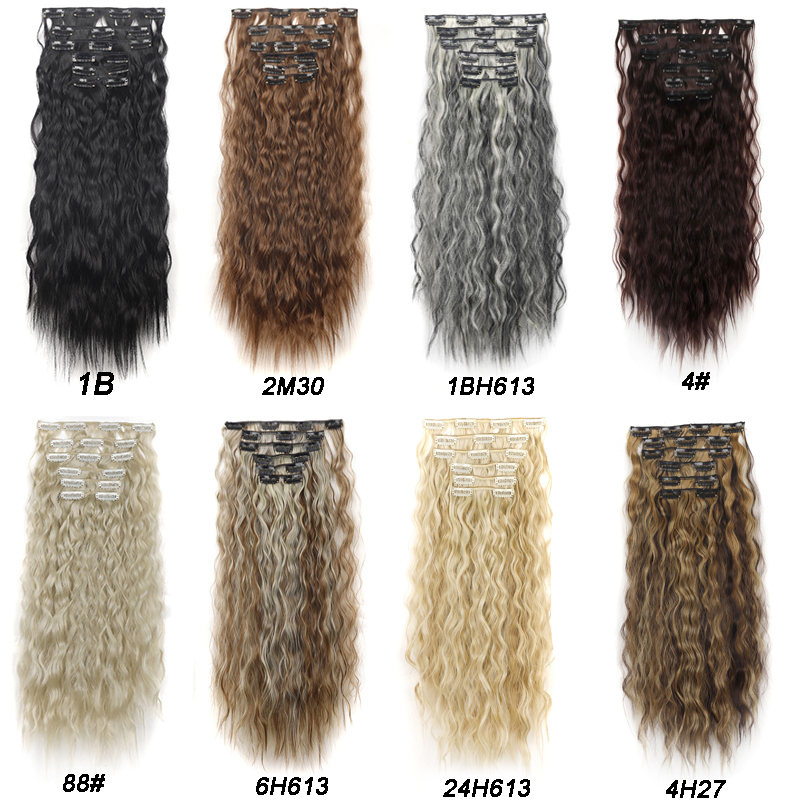 24" Synthetic Curly Clip-In Hair Extensions For Women weave 6PCS Full Head Organic Fake Hair Ombre Brown Blonde Thick Hairpieces 87225