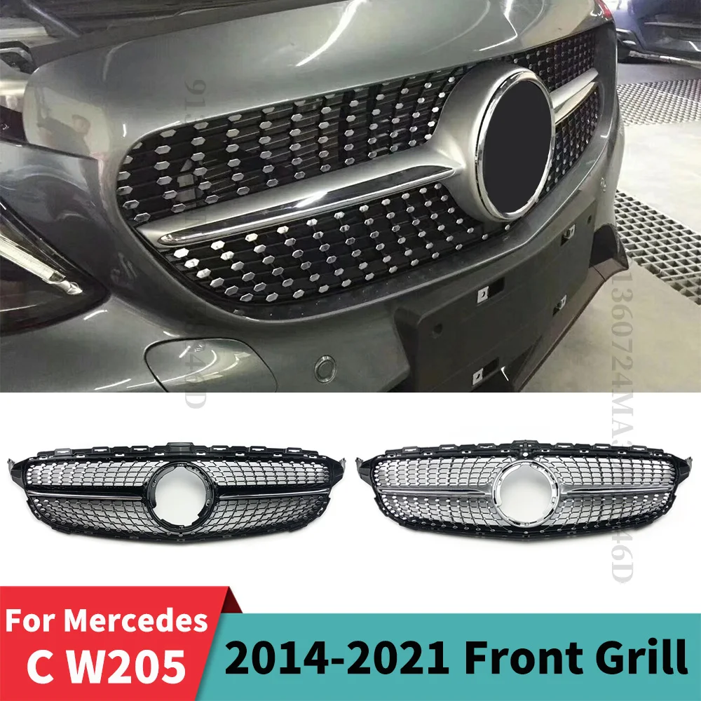 Front Bumper Grille Racing Grill Diamond Style For Mercedes Benz C W205 C205 S205 2014-2021 C180 C200 C250 C260 C300 Mesh