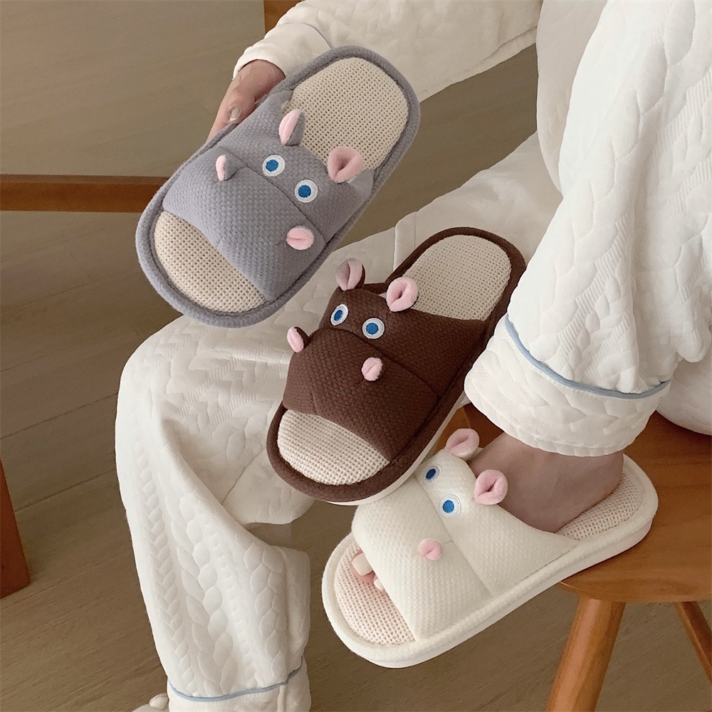 Casual fluffy slippers Ladies home flats Creative Cute Hippo linen girls Fashion Winter slippers House warm shoes