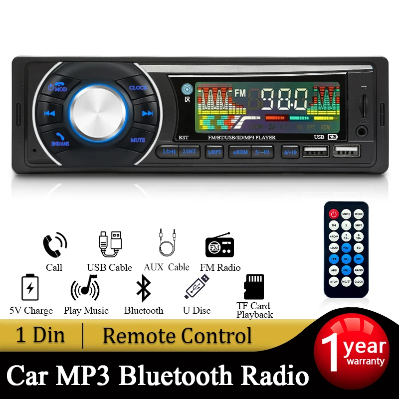 SINOVCLE Car 1din Audio Radio Bluetooth Stereo MP3 Player FM Receiver 12V Support Phone Charging AUX/USB/TF Card In Dash Kit