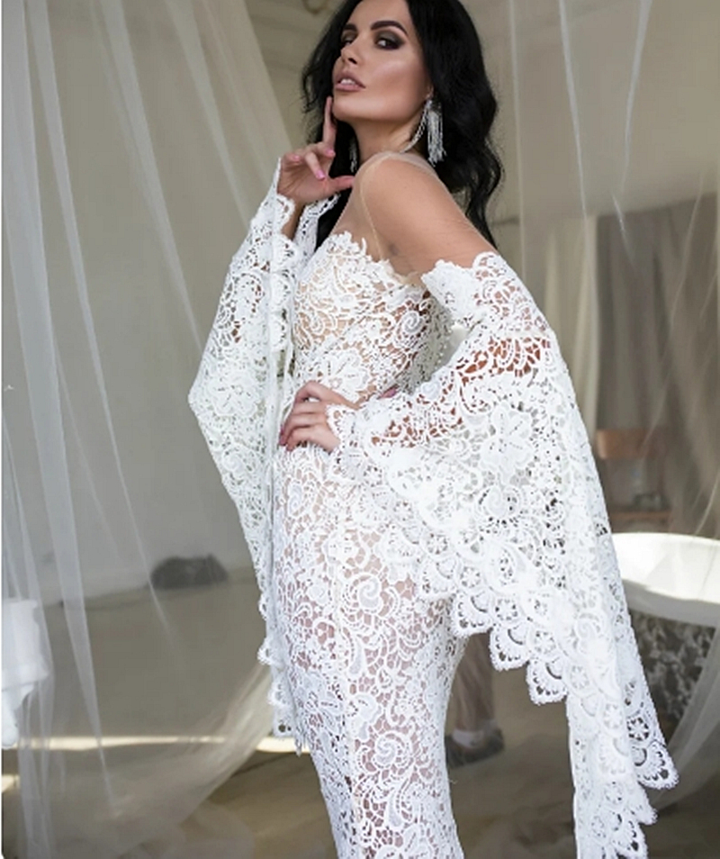 Full Lace Mermaid Wedding Dresses With Flare Sleeves Long Boho Beach Bridal Gowns Illusion Jewel Neck Chic Vestido De Novia