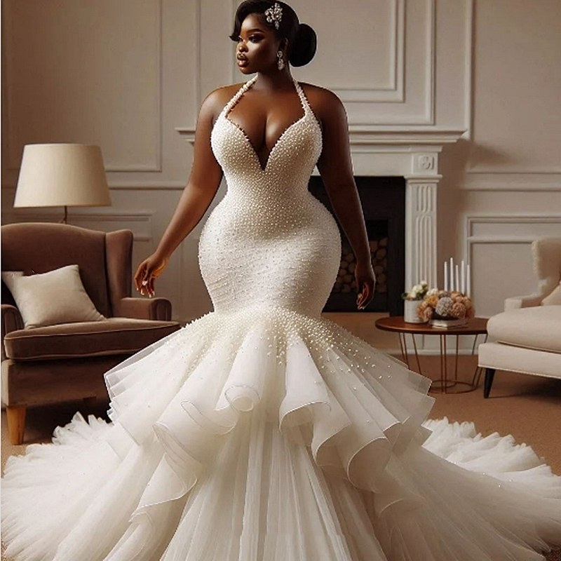 Urious Beaded Mermaid Wedding Dresses Halter Neck Backless Lace-Up Plus Size Bridal Gowns Ruffle Long Train African Formal Dress 2025 0218