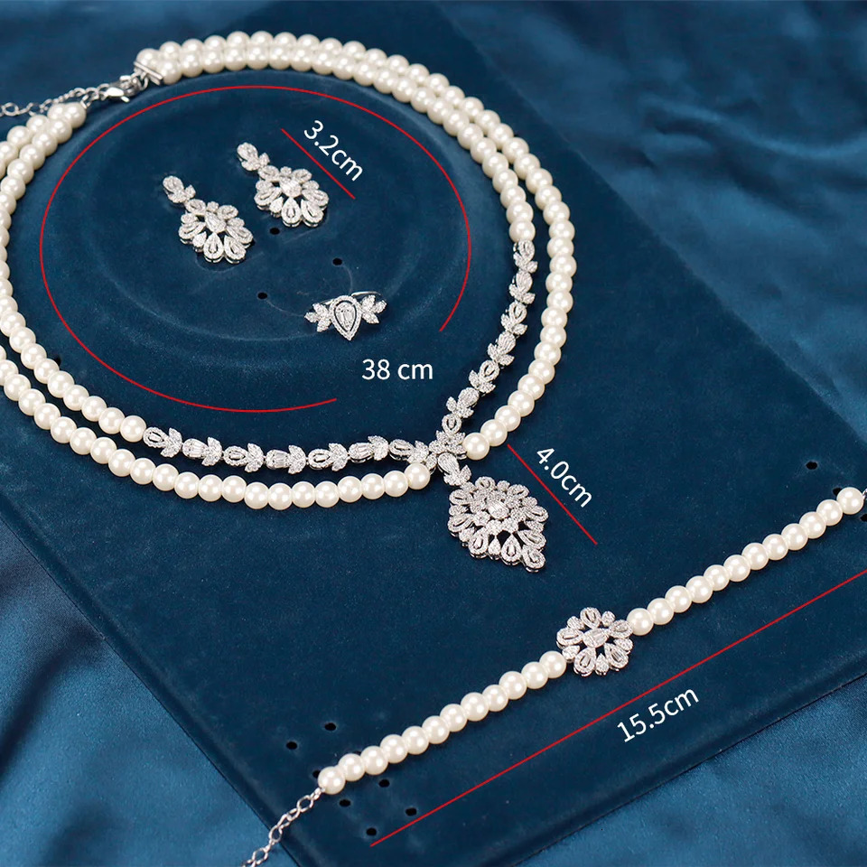 double-layer pearl necklace cubic zirconia 4-piece jewelry set Dubai bride wedding necklace accessories 241031