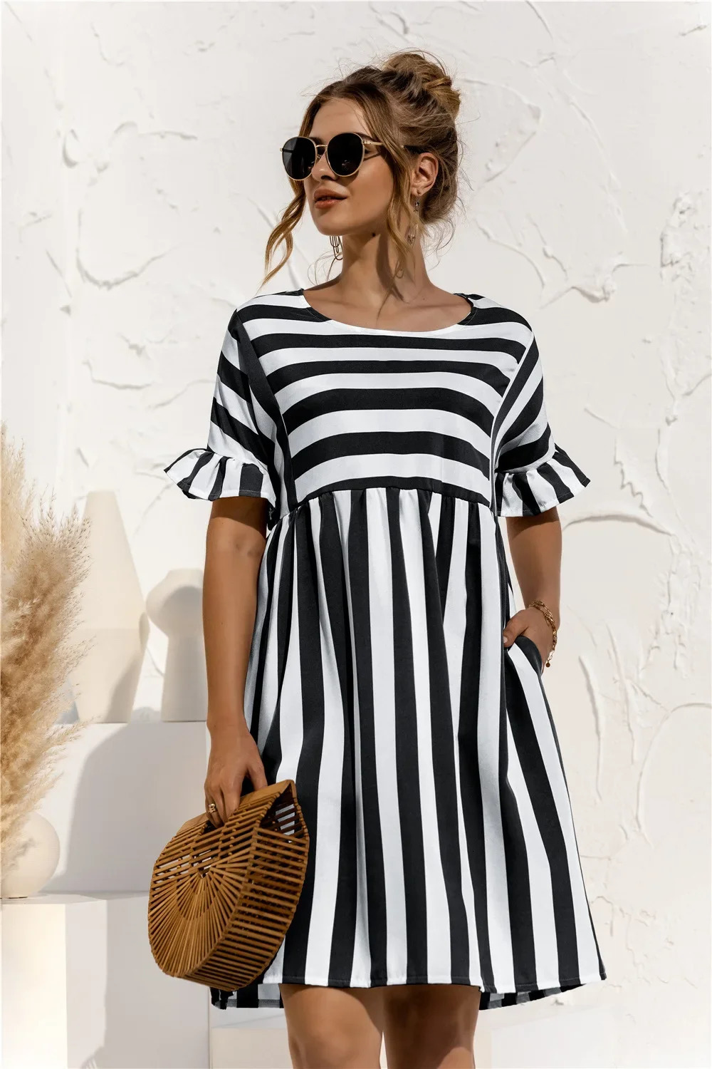 Women Summer Beach Dress Maternity Clothes Loose Striped Ruffles Sleeves Dresses Pregnancy Party Mini Sundress Vestidos 240326bj