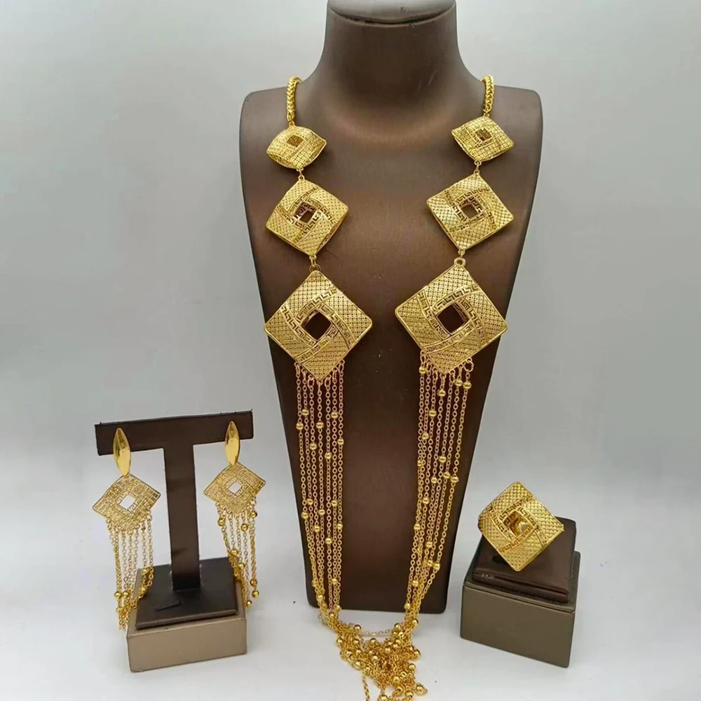 African Gold Color Jewelry Set for Ladies Bohemia Flower Design Long Chain Necklace and Earrings with Ring Set for Weddings Gift