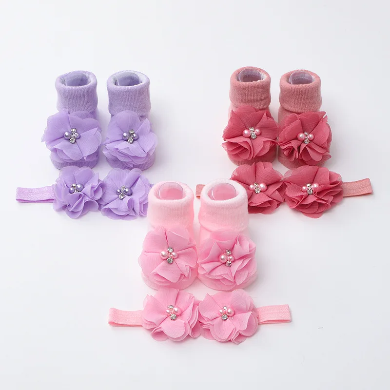 1Set Newborn Handmade Pearl Flower Headbands Mid Socks New Baby Soft Prewalker Sock Girl Infant Cute Knitted Hairband Socks