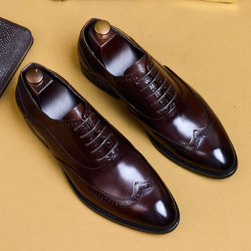 Formal Leather Shoes, Genuine Leather, British Carved Block, Men's Toe Layer, Cowhide, Business Dress, Pointed Oxford Shoes
