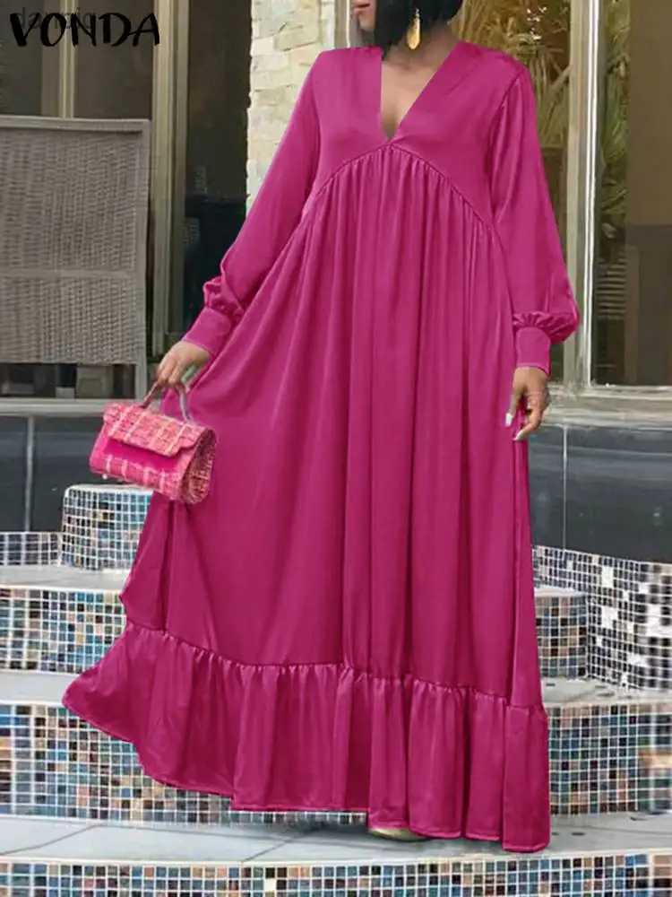 Urban Sexy Dresses Plus Size 5XL VONDA Elegant Party Sun Dress Womens Long Slave Sexy V-neck Casual Shirt Autumn Loose Solid Ruffle Long Dress Y240402