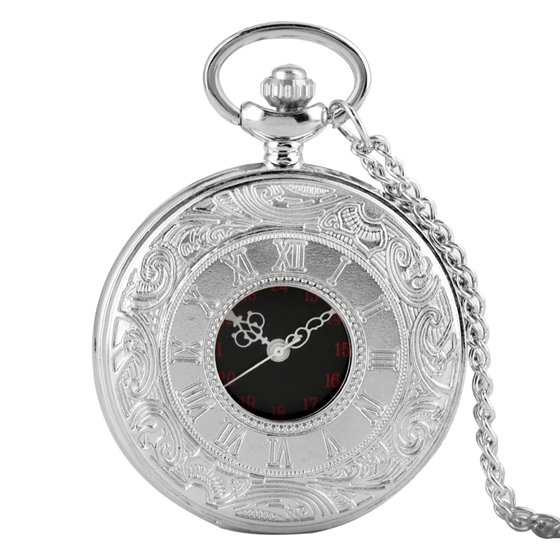 Vintage Pocket Watch Antique Roman Number Quartz Steampunk Pocket Watches Black Hollow Out Pendant Clock Chain Necklace Men Gift