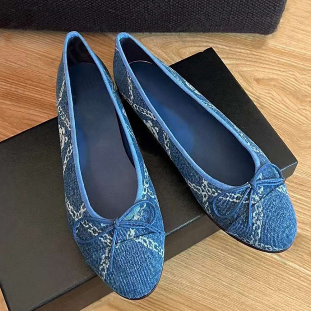 Designer Ballet Shoes Later Denim Blue Slingbacks Sandal Bow Flat Shoe Lady Leather Pumps Casual Street Party Office Shoes NO488