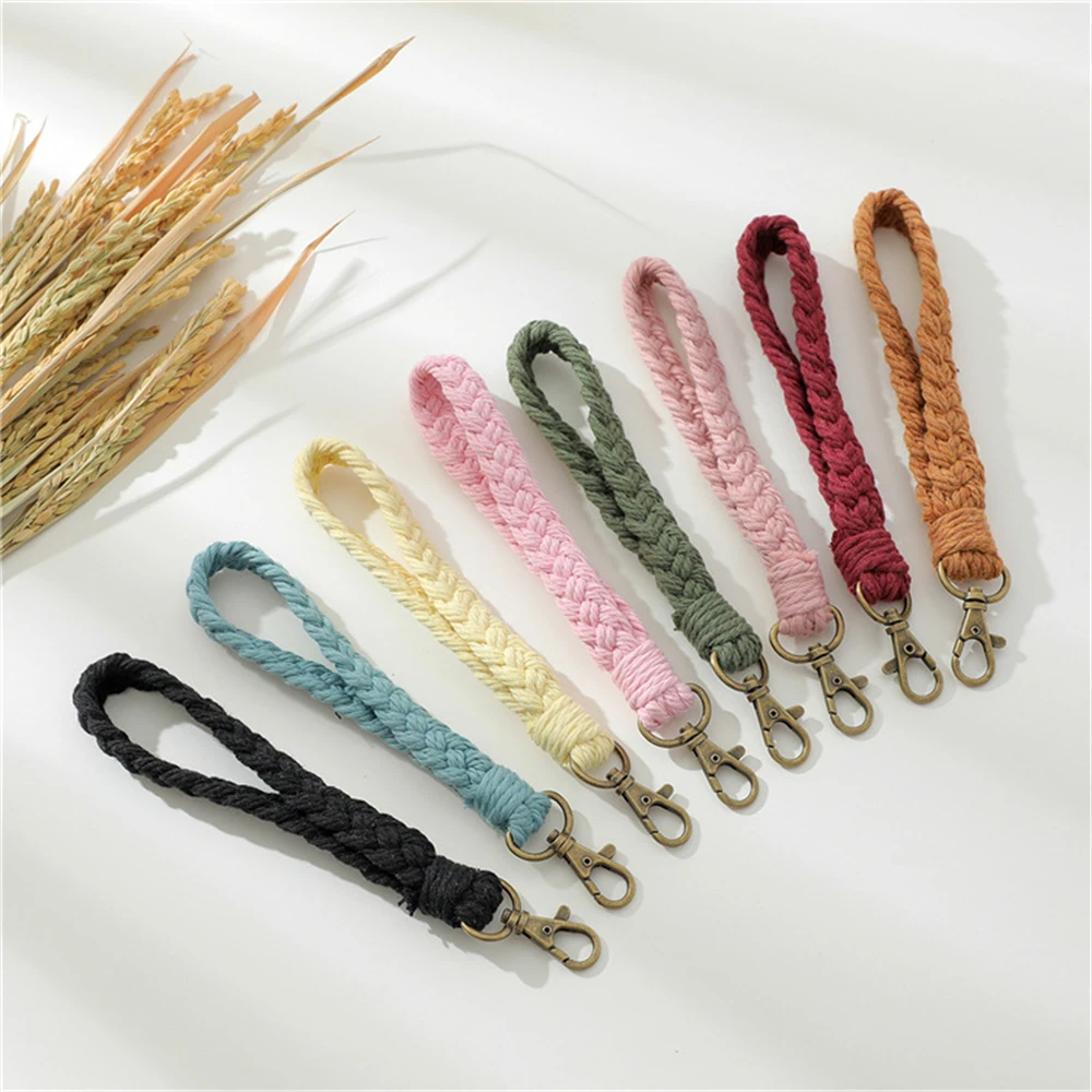 Boho Style Macrame Braided Keychain with Lobster Claw Cord Wristlet Bracelet Keyrings Lanyard Key Fob Strap Women Accessories