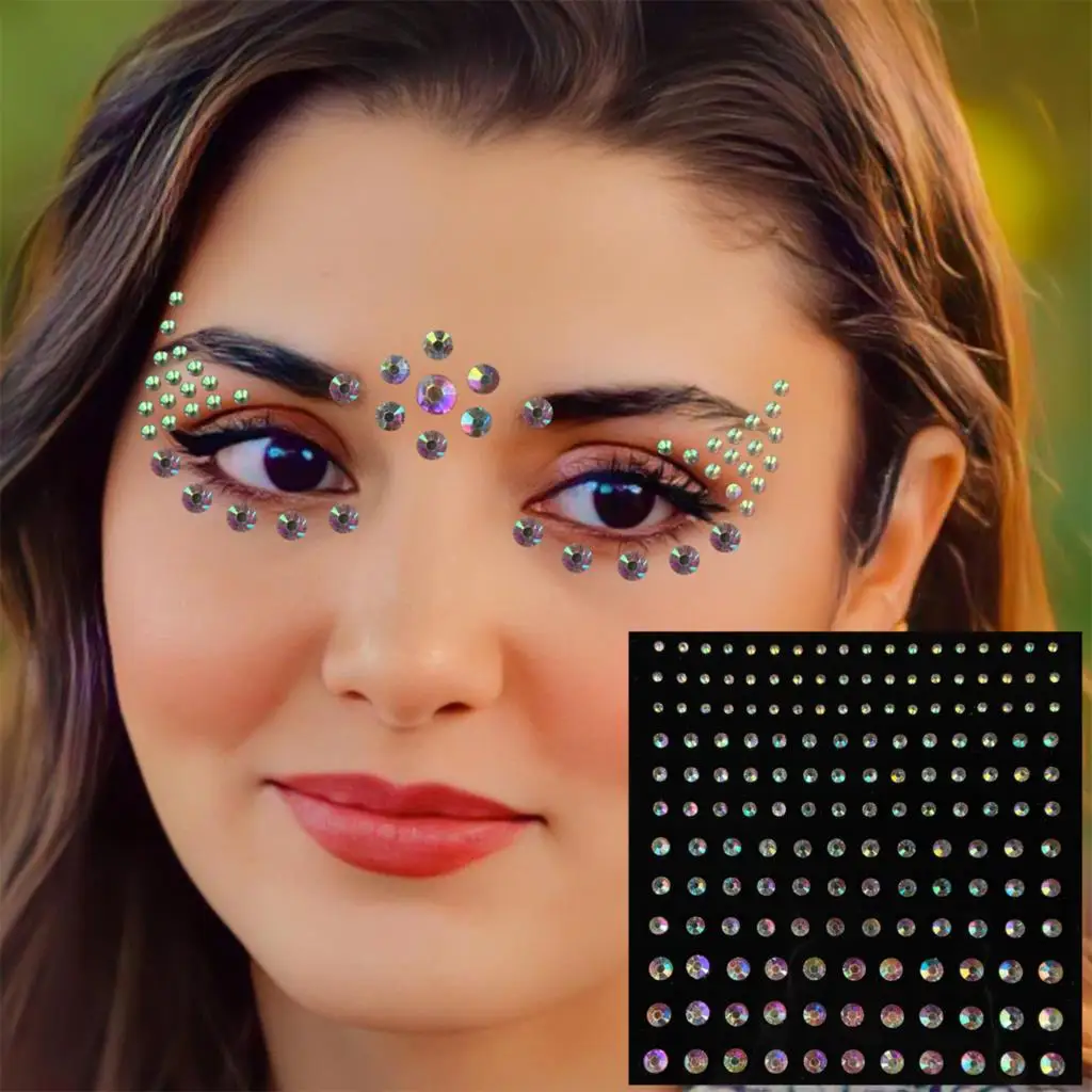 Colorful Face Jewelry Temporary Tattoos Eye Eyebrow Bindi Dots Gems Sticker Shiny Rhinestones Pearl Makeup Jewels Halloween Rave