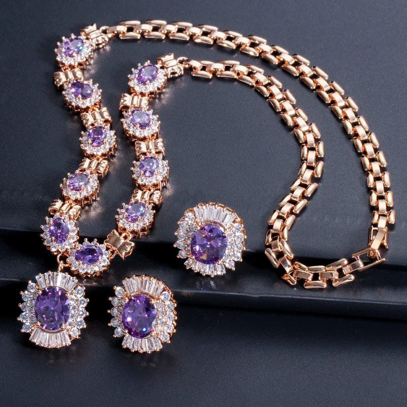 Three layer Dubai gold purple oval Austrian crystal 4-piece wedding engagement jewelry set 241031