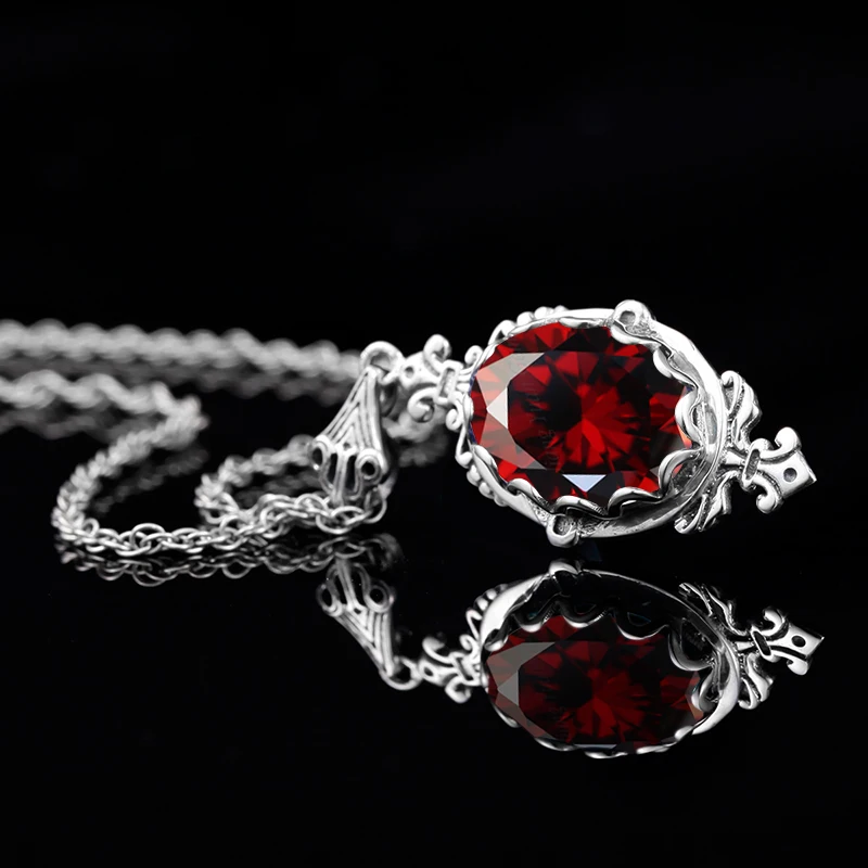 Solid 925 Sterling Silver Garnet Necklace Pendant For Women Stone Statement Wedding Vintage Jewelry Gifts Christmas Trendy
