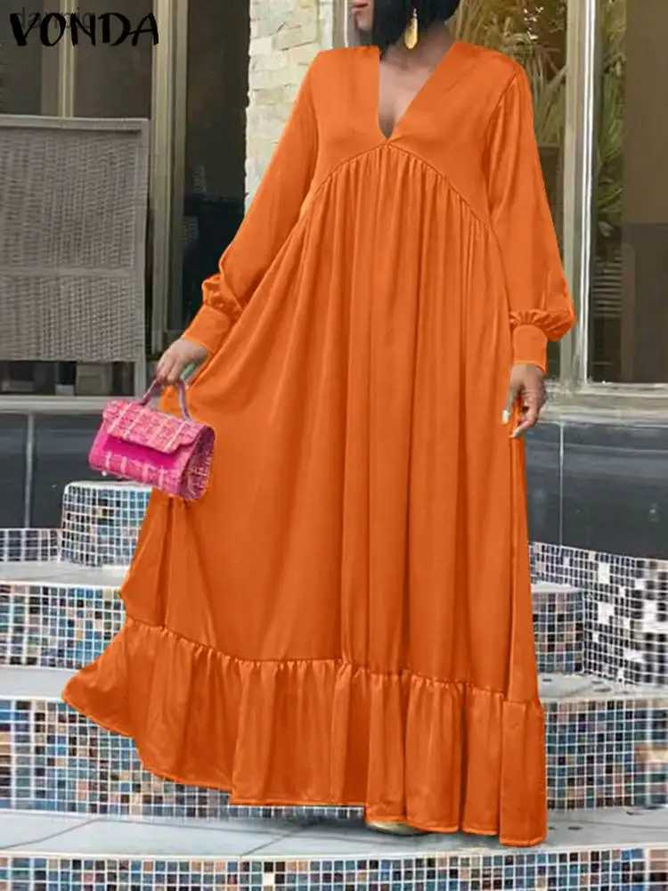Urban Sexy Dresses Plus Size 5XL VONDA Elegant Party Sun Dress Womens Long Slave Sexy V-neck Casual Shirt Autumn Loose Solid Ruffle Long Dress Y240402