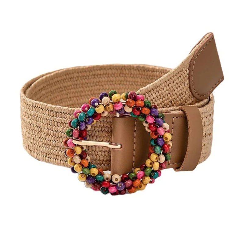 Boho-style Handwoven Belt for Women Vintage Straw Belts Colorful Round Buckle Waist Belt for Female Waist Accessories