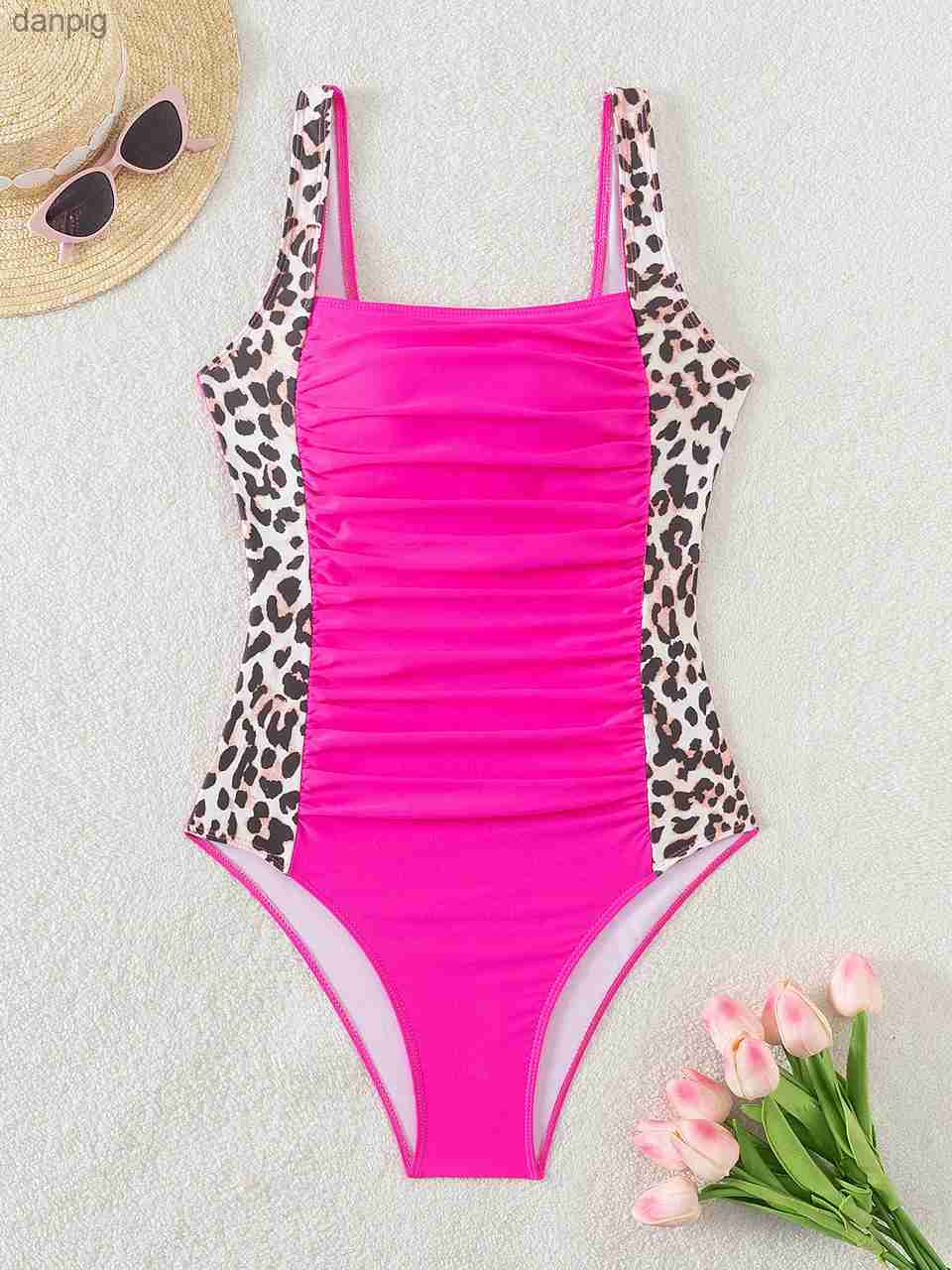 Women's Swimwear One Piece Leopard Swimsuit 2024 Women Slim Ruched Swimwear Women Backless Beach Bather Suit Female Bathing Swimming Bodysuit 2xl
