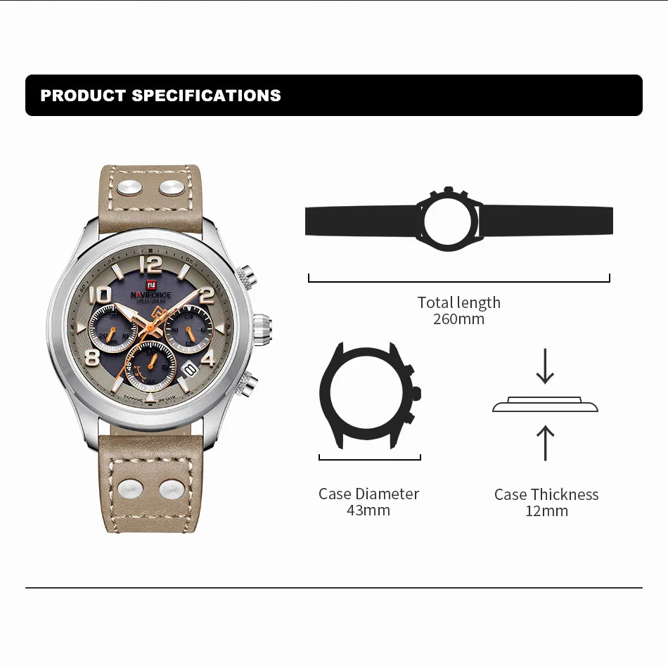 NAVIFORCE Brand Casual Sport Men's Quartz Watches Eco-Drive Movement Genuine Leather Strap Waterproof Luminous Wristwatches 2023