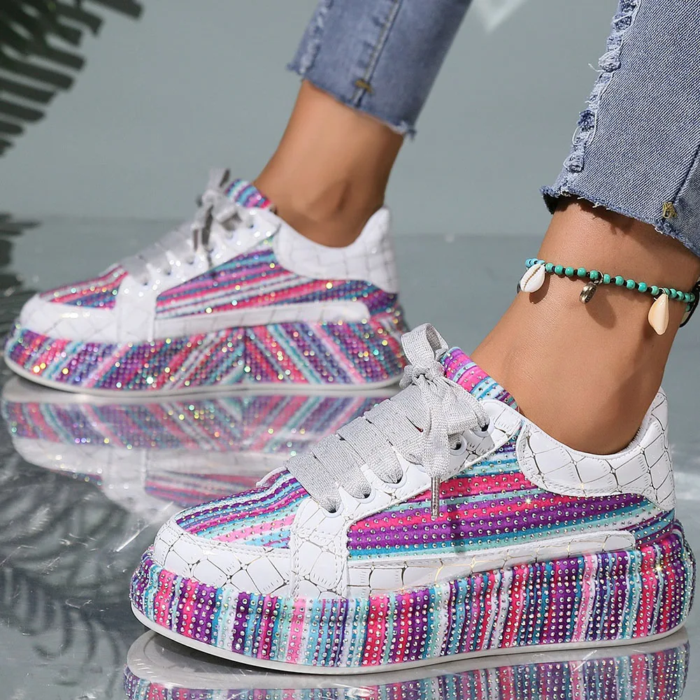 Women's Triangle Diamond Shiny Lace Up Outdoor Casual Sneakers, Breathable And Lightweight
