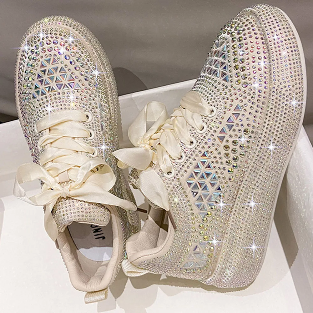 Women's Triangle Diamond Shiny Lace Up Outdoor Casual Sneakers, Breathable And Lightweight