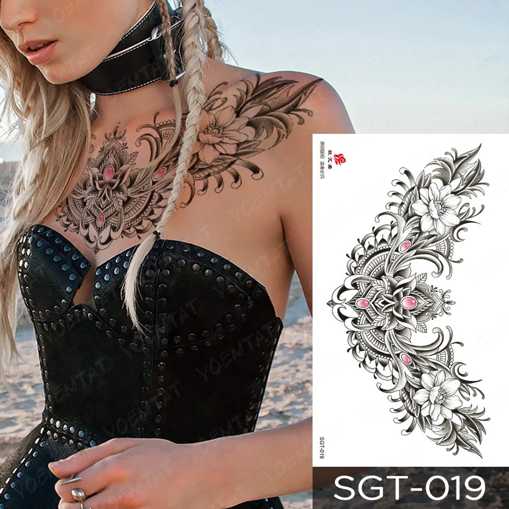 Large Chest Waist Shoulder Back Waterproof Temporary Tattoo Sticker Lace Gemstone Flower Fake Tatoo Underboob Body Art For Women