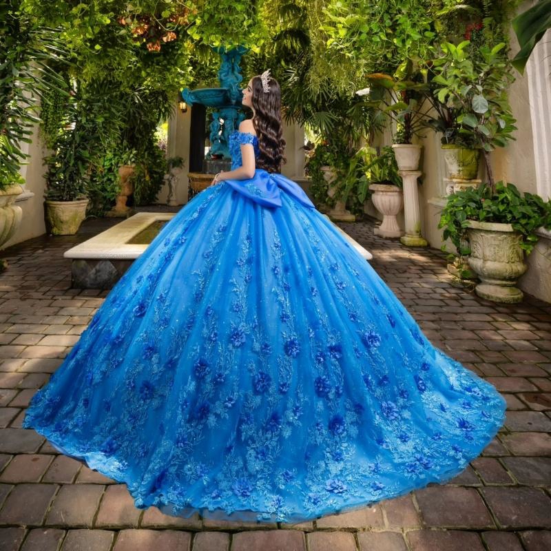 Luxury Sku Blue Quinceanera Dress Sweetheart Sequin Applique Lace Beads Crystal Flower Bow Tull Ball Gown Vestidos De 15 Anos XV Brithday Sweet 16 Dre