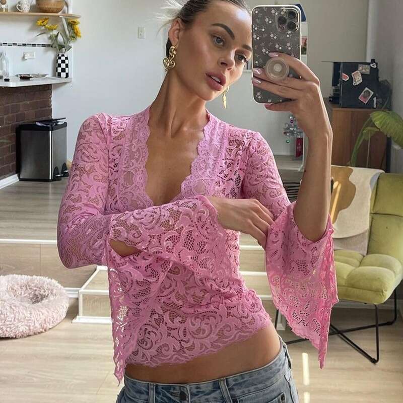 Designer style sexy deep V-lace women's solid color transparent trumpet long sleeved pullover street hollow slim fit top party set