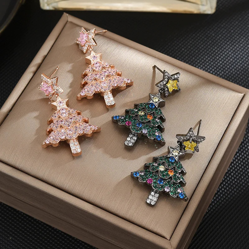 S925 Silver Star Christmas Tree Earrings Holiday Gift 241031