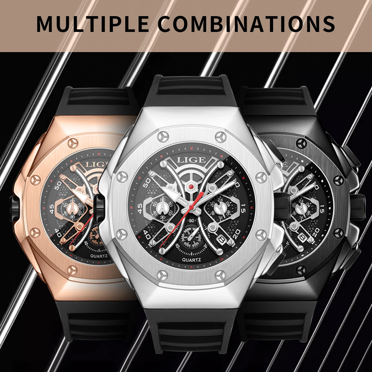 LIGE Joker Dial Men Quartz Watch Top Brand Rubber Strap Wristwatch Meteorite Shell Design Auto Date 30M Waterproof Watch For Men