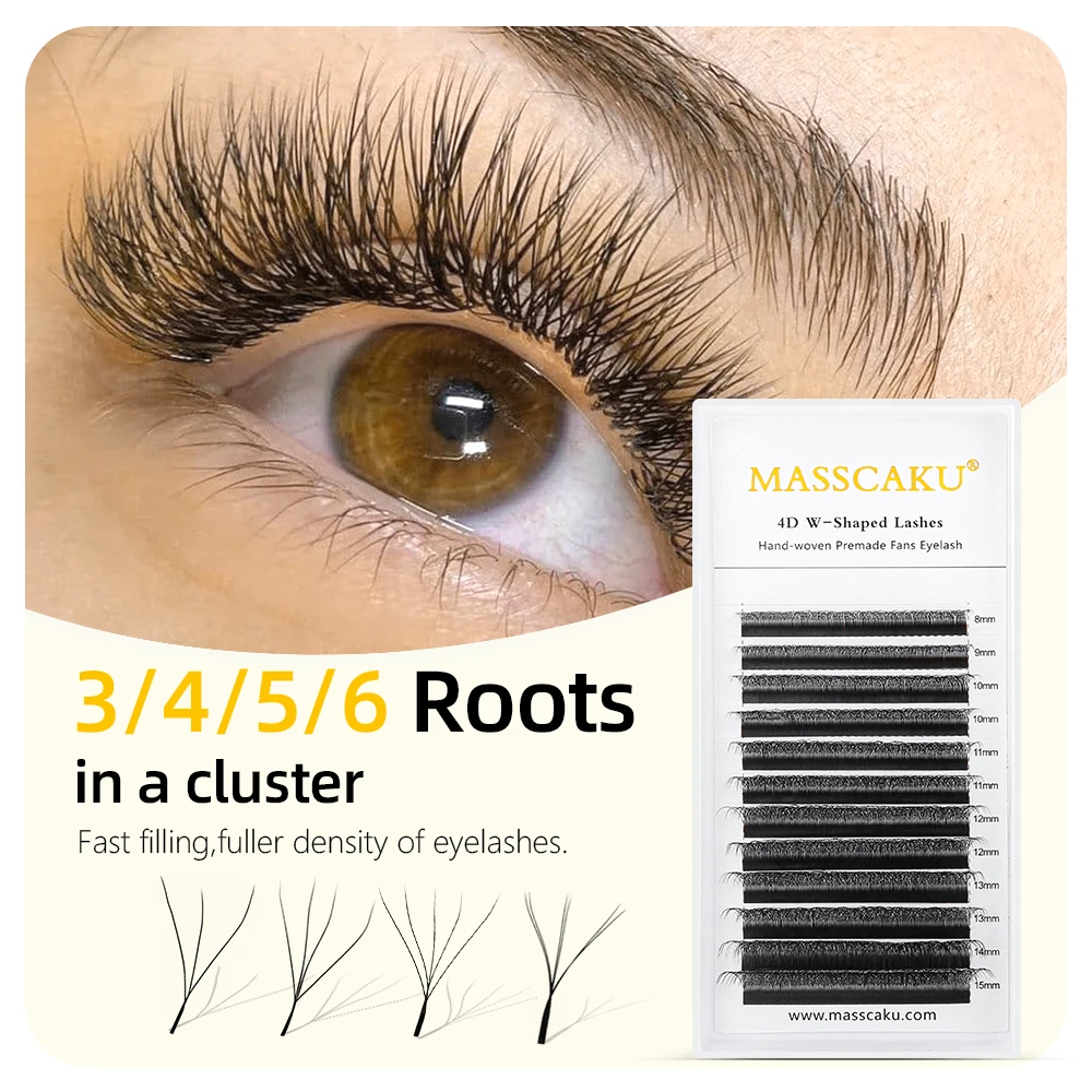 MASSCAKU W Design Volume Eyelashes Makeup Product Natural Soft 0.07mm Easy Fans W Cluster 3D/4D Easy Flowering Eyelash Supplies