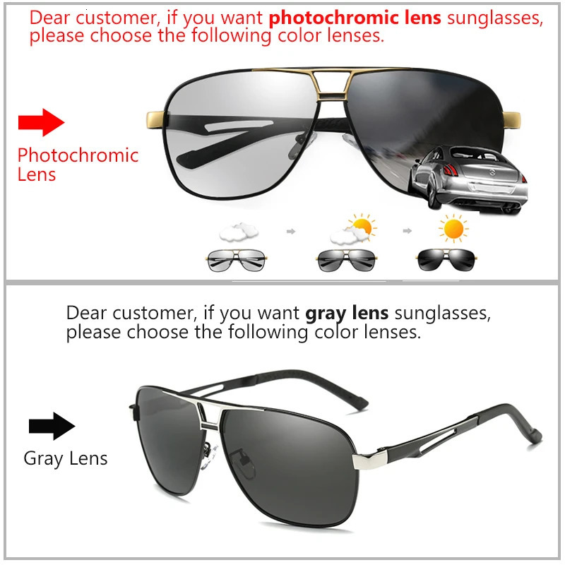 Top aluminum magnesium square polarized pochromic sunglasses for men military safety driving Oculos De Sol Masculino 241031