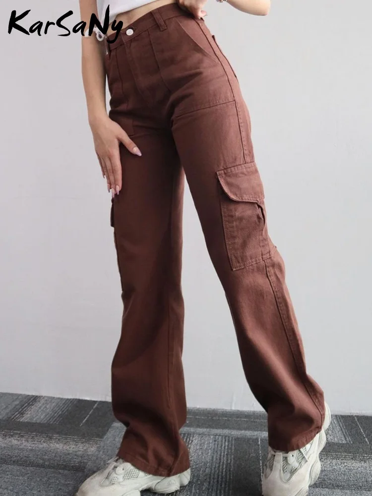 KarSaNy White Cargo Pants For Woman Casual Pockets Trousers Straight Apricot Wide Leg Sweatpants Women Cargo Pants Side Pocket